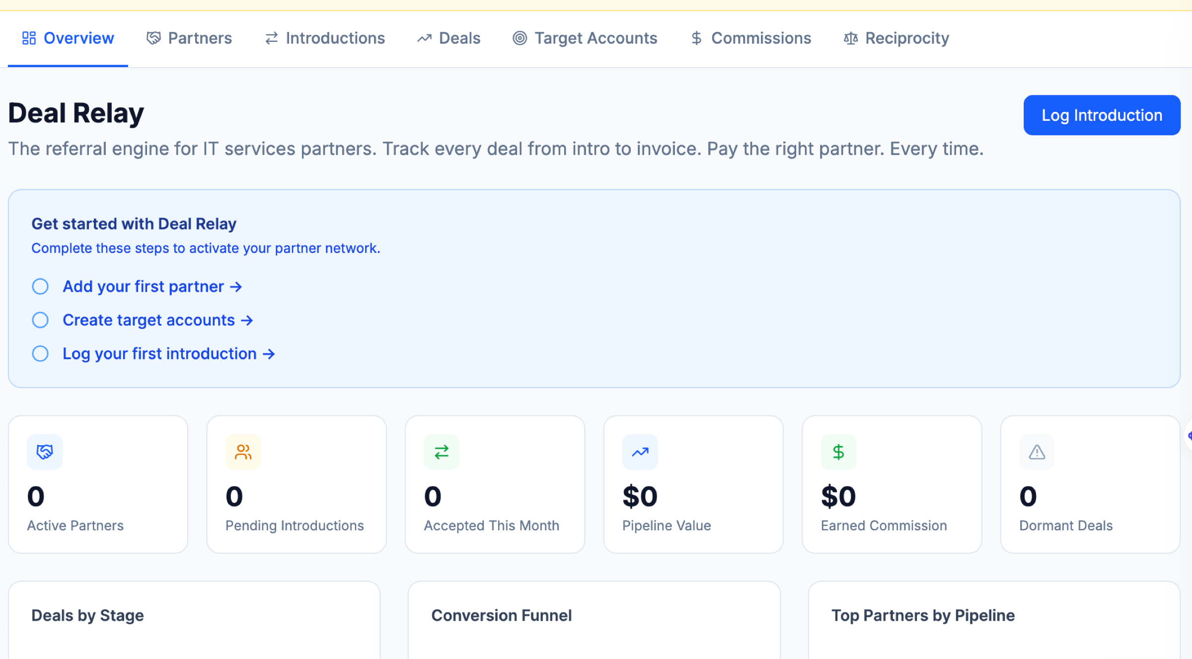 ConsultancyOS Deal Relay overview with tabs for Partners, Introductions, Deals, Target Accounts, Commissions, Reciprocity and KPI cards.