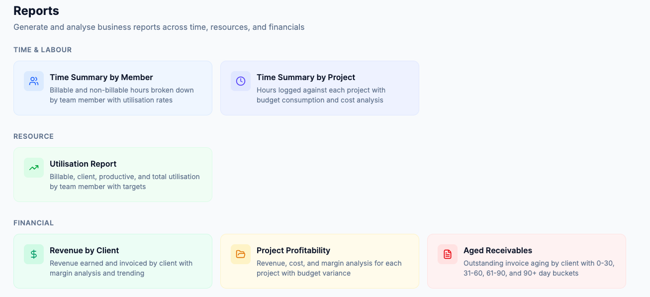 ConsultancyOS Reports library with operational, financial, and client reports available on demand and on schedule.